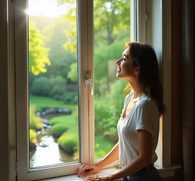 A person looking calm and hopeful, resting by a sunlit window