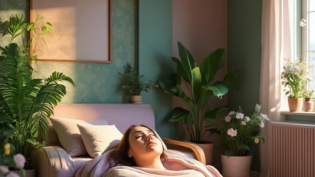 A serene therapy space in soft sage and lavender tones
