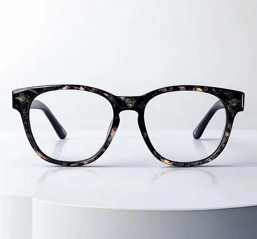Designer eyeglasses displayed on a clean white plinth