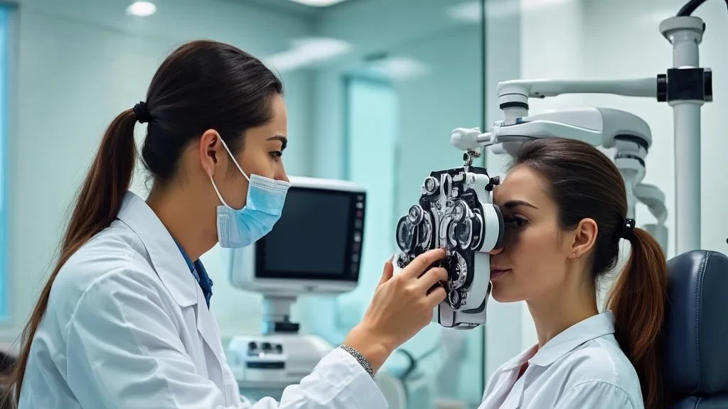 Optometrist carrying out a detailed eye test on a patient in a modern, bright clinic