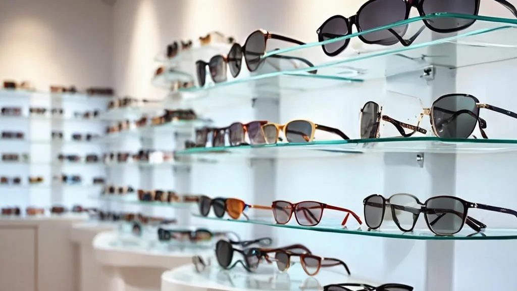 Display wall of designer eyewear in the Clarity showroom
