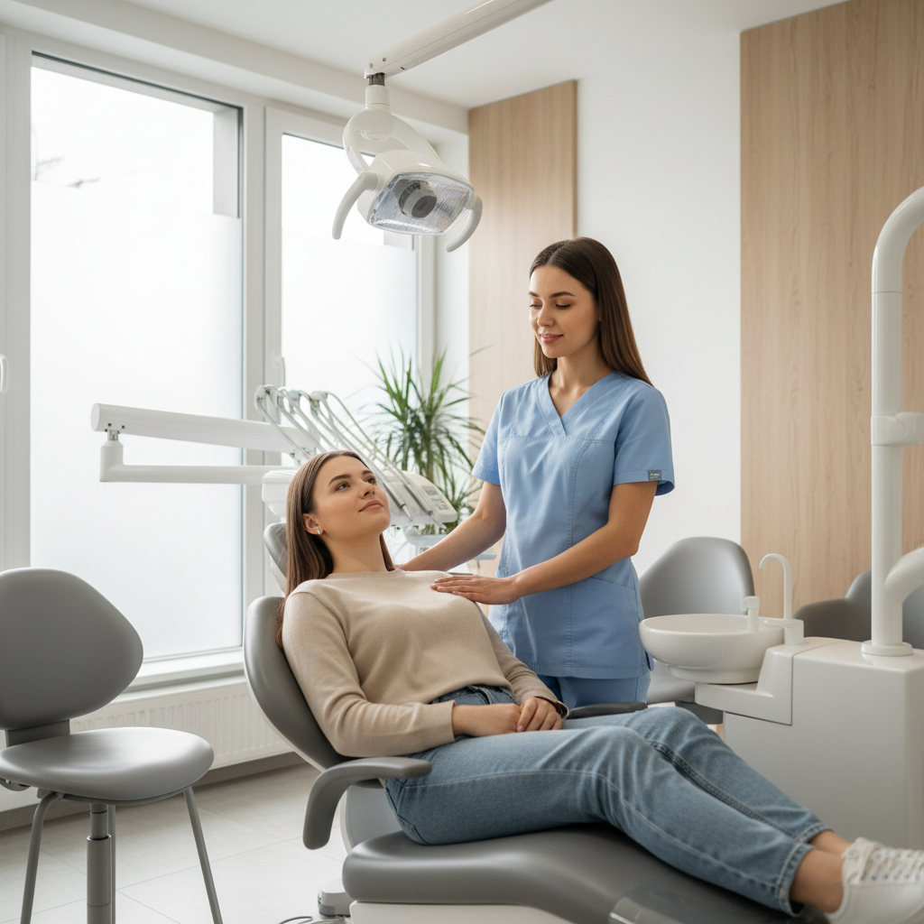 A relaxed patient with a dentist in a bright Distillery Dental treatment room