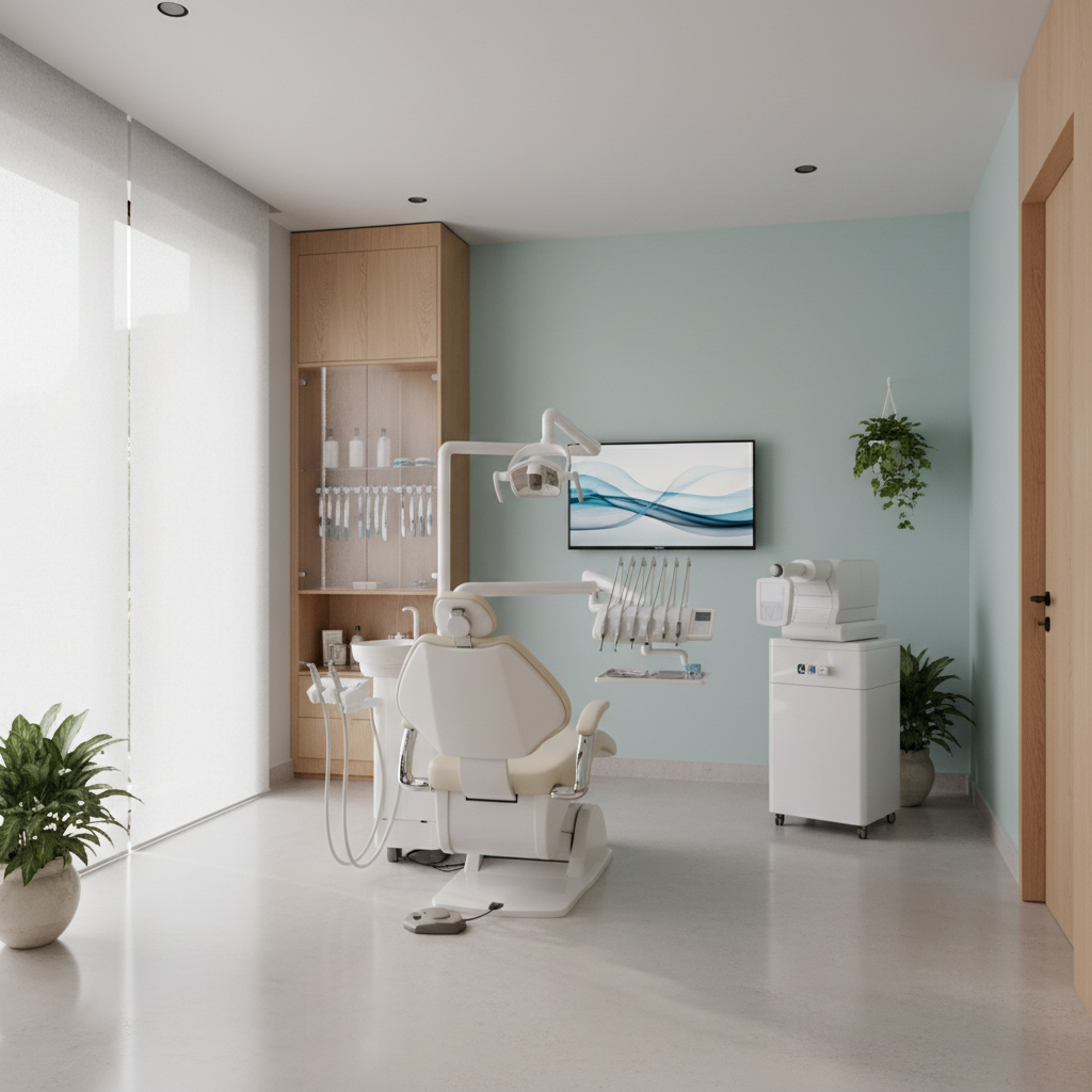 Calm, modern dental treatment room at Distillery Dental