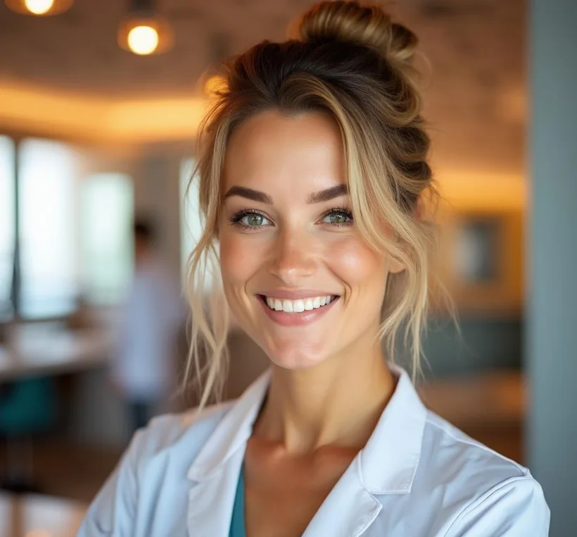 Cool young wellness practitioner smiling in a bright med-spa
