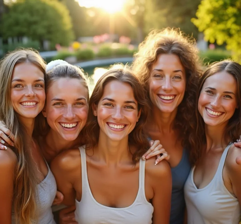 Glowing happy young diverse friends laughing together