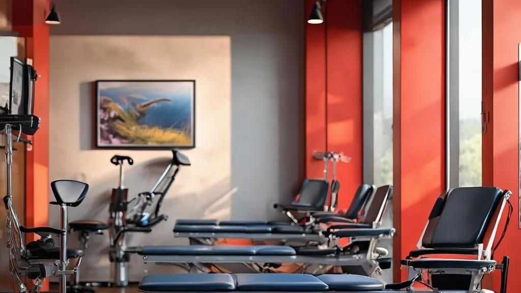 Modern physiotherapy and rehab clinic with treatment beds