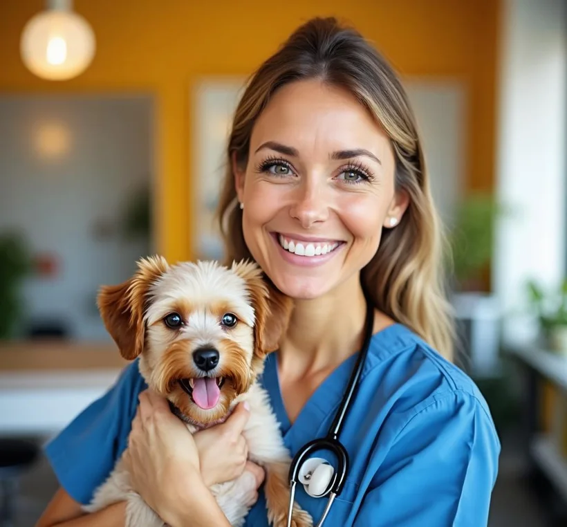 Dr Maya Ellison, warm friendly vet holding a pet