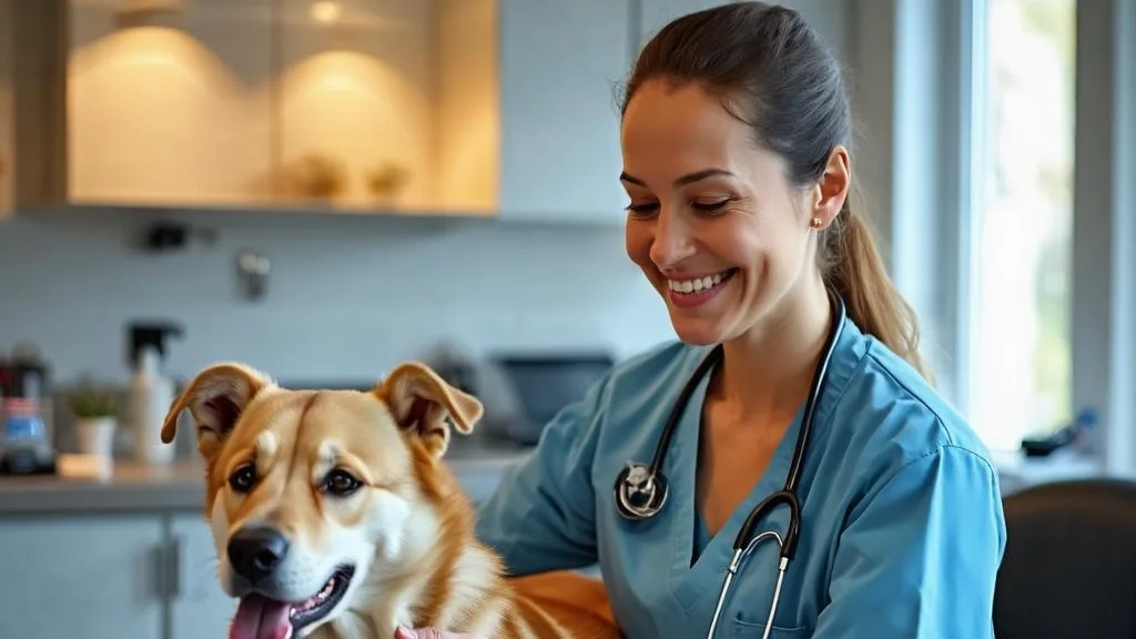 Friendly vet examining a happy dog in a bright clinic