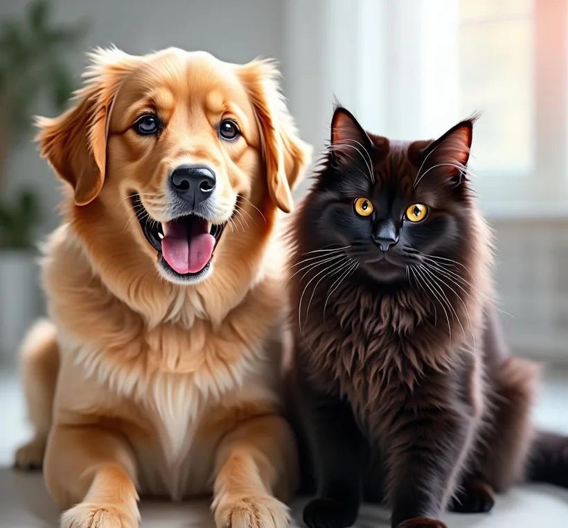 An adorable happy dog and cat together