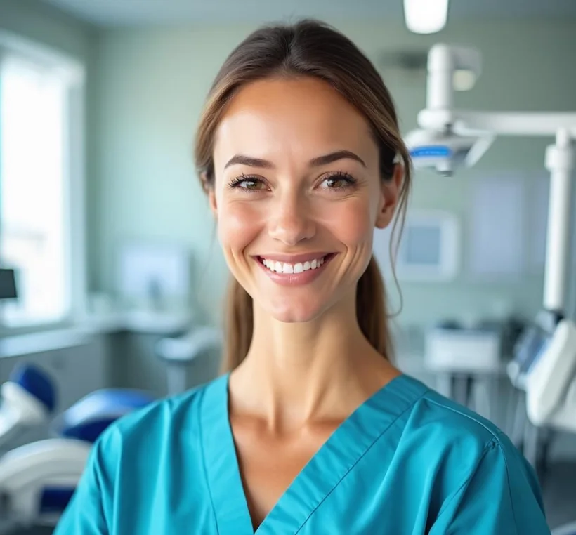 Dr Amara Nwosu, principal dentist at Pearl Dental, smiling in scrubs