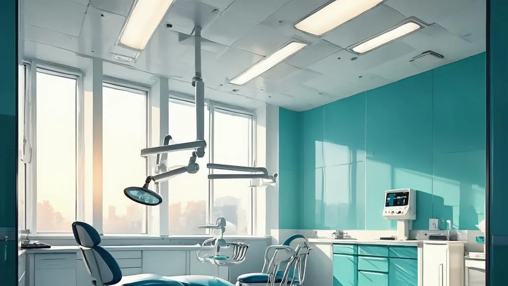 A sleek modern dental surgery finished in white and teal, filled with natural light