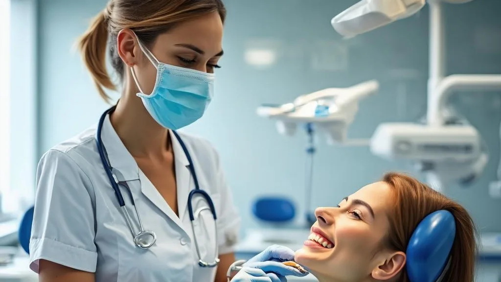 A relaxed patient smiling in a bright modern dental clinic with her dentist
