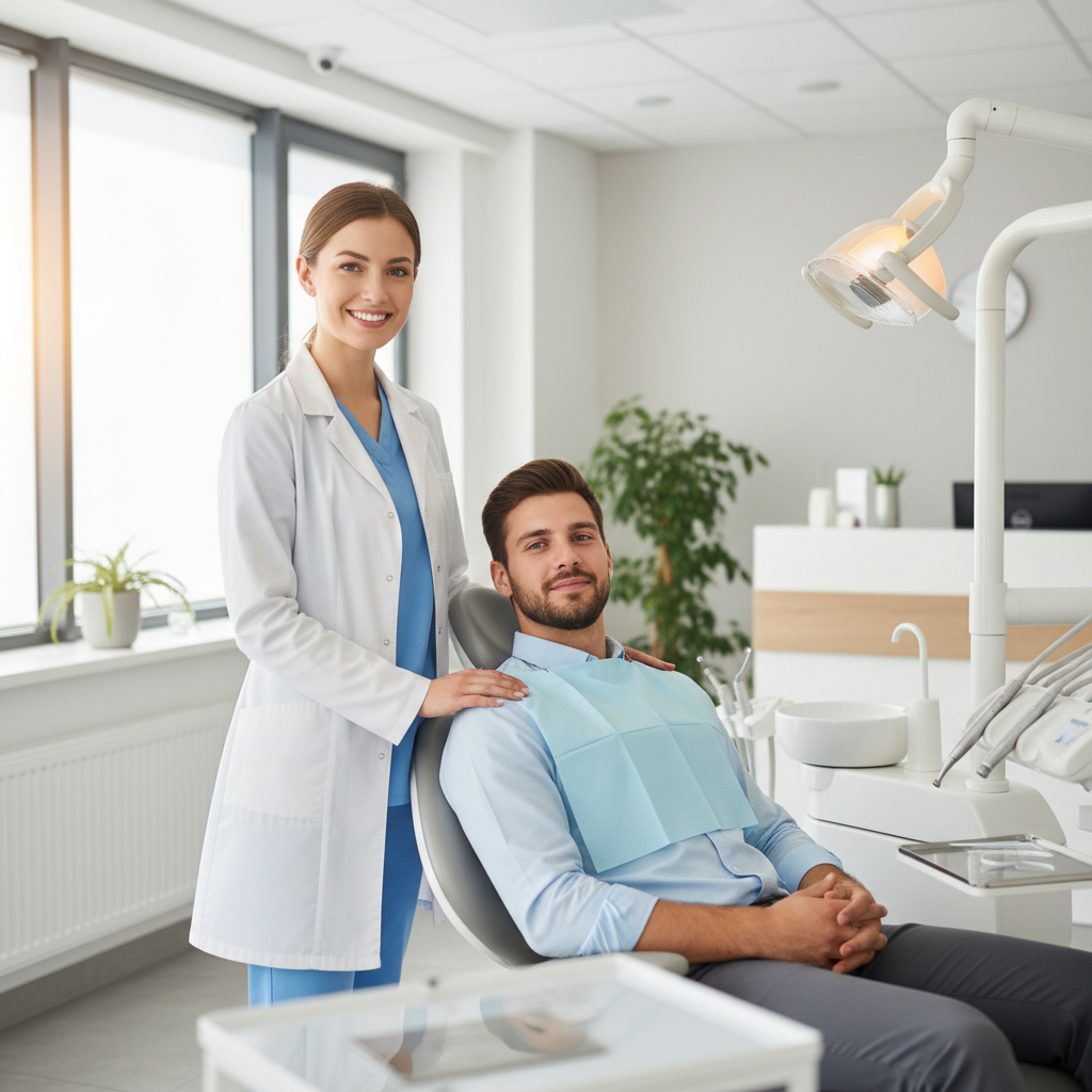 A friendly South Congress Dental dentist standing beside a relaxed, smiling patient in the treatment chair