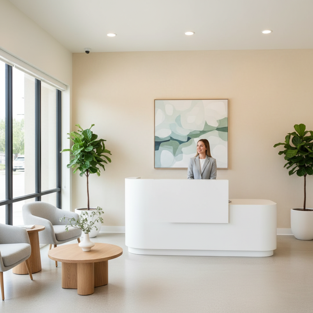 The bright, welcoming reception area at South Congress Dental in Austin