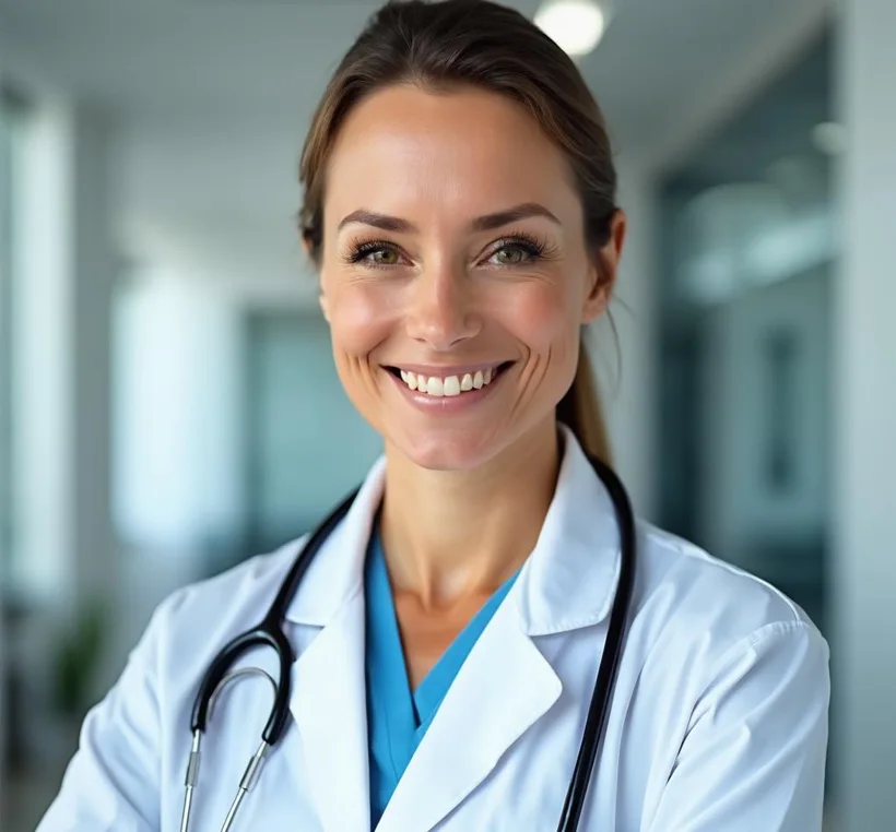 A warm doctor in a white coat with a stethoscope