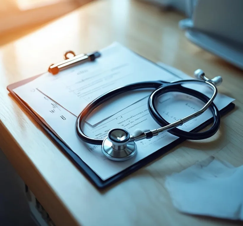 A stethoscope and clipboard resting on a clinic desk