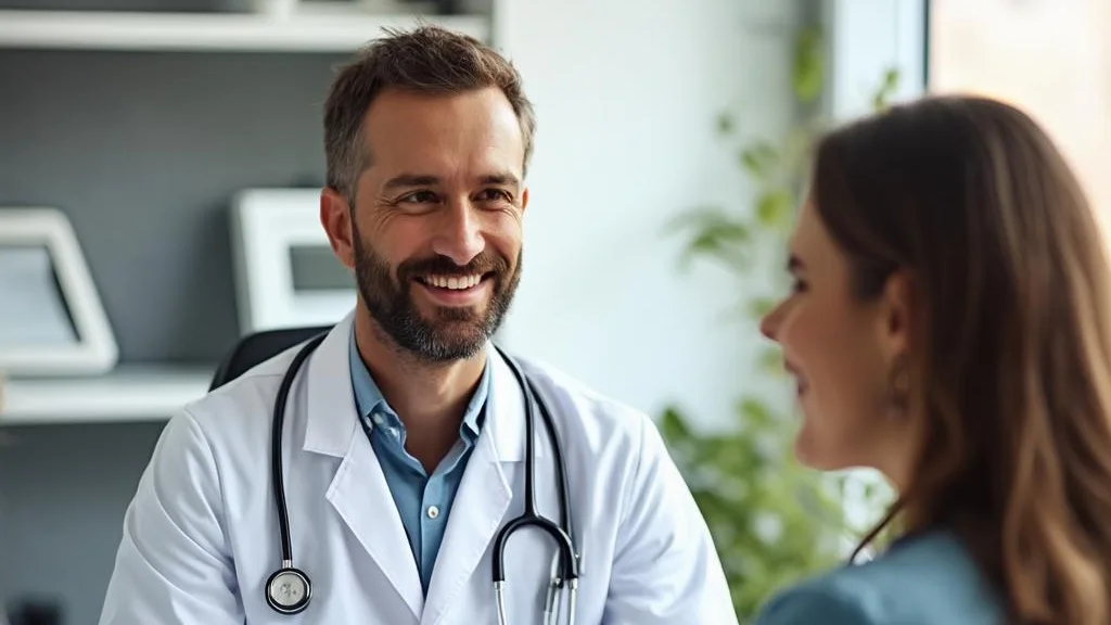A friendly private GP consulting with a patient in a bright clinic room